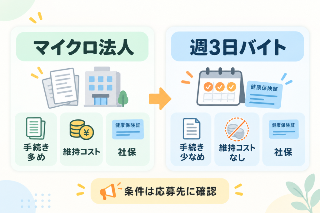 マイクロ法人と週3日バイトの社保と手間の比較図
