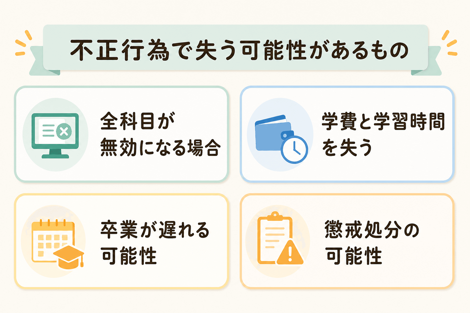 単位認定試験で不正行為と判断された場合に失う可能性があるもの